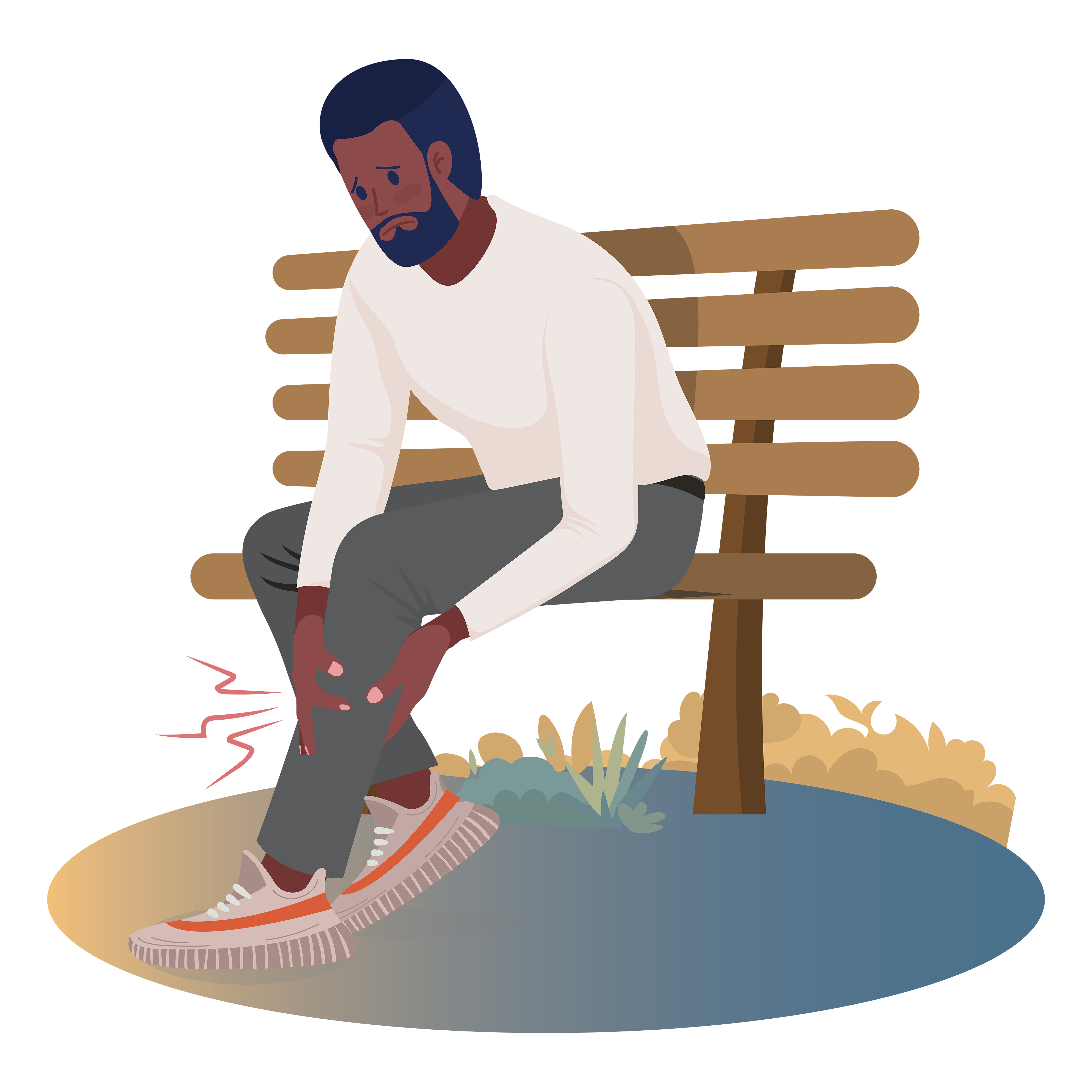 Man with leg pain sits on a bench.